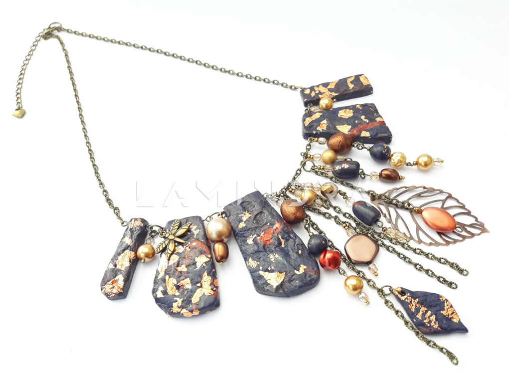 Nyakláncok, kézműves ékszerek: NYA038, Kék-bronz aszimmetrikus nyaklánc gyöngyökkel