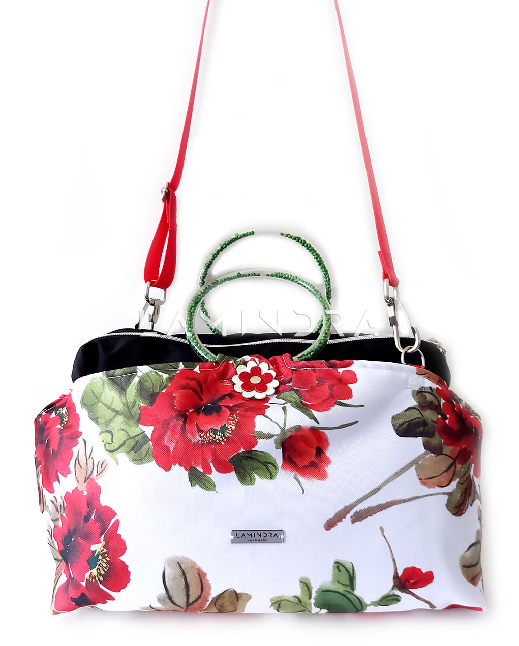 Táskák, hátizsákok, kézműves termékek: TA028, Piros virágos vízlepergetős táska